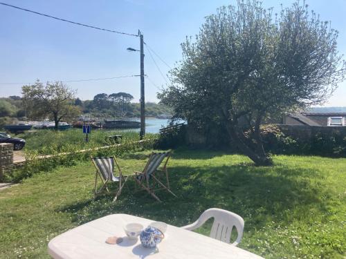 une table et des chaises dans une cour avec un arbre dans l'établissement Maison artistes bord de mer Rostellec, à Crozon