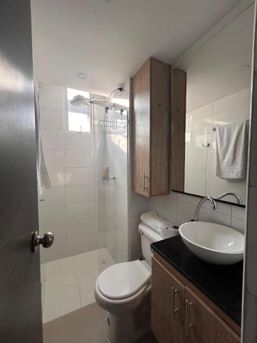 a bathroom with a toilet and a sink at Hermoso loft en medellin in Medellín