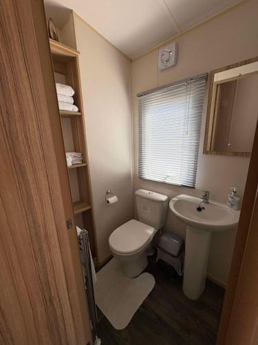 a bathroom with a toilet and a sink at Biggerstaffs retreat in Lossiemouth