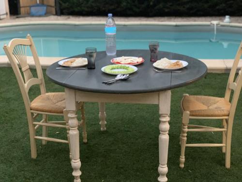a table with plates of food and a bottle of water at Clalou in Sérignan