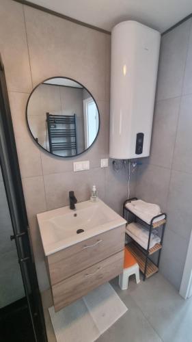 a bathroom with a sink and a mirror at Jodłowe Zacisze in Lubkowo