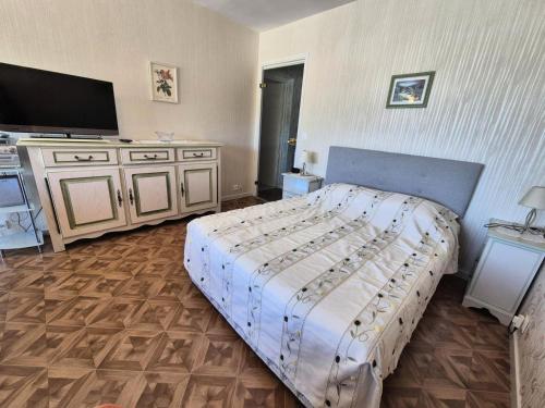 une chambre avec un grand lit et une télévision dans l'établissement Résidence Le Cheverny - Proche Parc Boisé agréable logement 2 personnes ! MAE-7134, à Aix-les-Bains