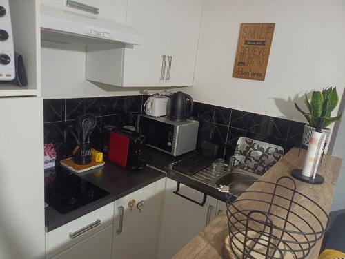 una cocina con encimera y ordenador portátil. en Studio calme proximité plage, en Saint-Laurent-du-Var