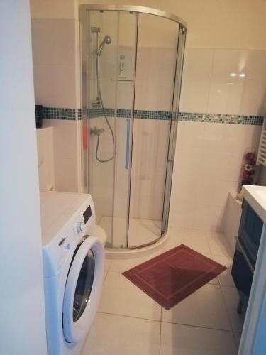 une salle de bain avec douche et machine à laver dans l'établissement Studio calme proximité plage, à Saint-Laurent-du-Var