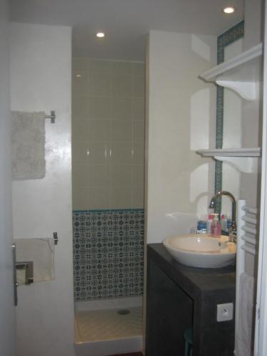 une salle de bain avec un lavabo et une douche dans l'établissement T2 face et proche mer et gare, à La Celle-sous-Gouzon