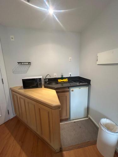 a small kitchen with a counter and a microwave at Hotel Pamplona Jardins Univer com garagem 2402 in Sao Paulo