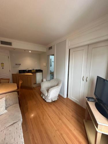 a living room with a couch and a television at Hotel Pamplona Jardins Univer com garagem 2402 in Sao Paulo