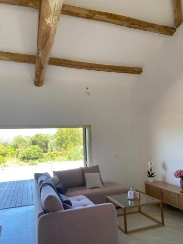 un salon avec un canapé et une table dans l'établissement Charming stone villa with pool, à Figari