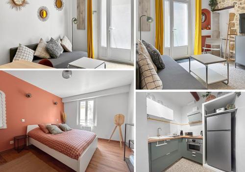 un collage de photos d'une chambre avec un lit et une cuisine dans l'établissement Appartement Cosy au calme, à Noves