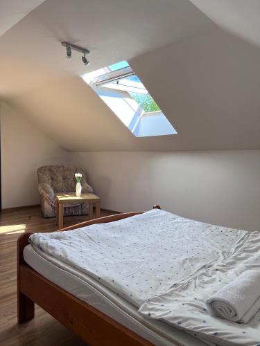 a bedroom with a bed and a skylight at Apartamenty Amber Wyspa in Gdańsk