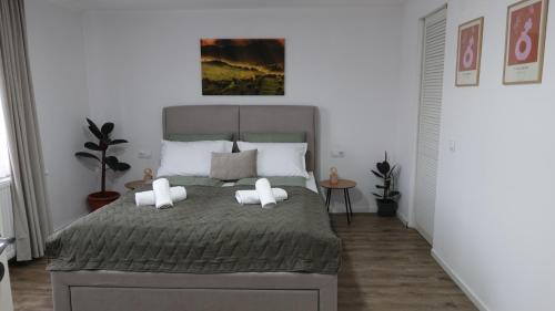 Un dormitorio con una cama grande con dos almohadas. en Casa Gruia, en Ocna Sibiului