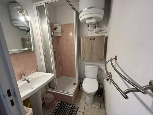 une salle de bain avec une douche, des toilettes et un lavabo dans l'établissement Studio cabine CAP D'AGDE NATURISME CN010-576, au Cap d'Agde