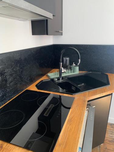 une cuisine avec un évier et un comptoir dans l'établissement Appartement ville mer, à Brest