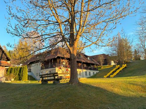 a large house with a tree in front of it at Appartement am See in Litschau