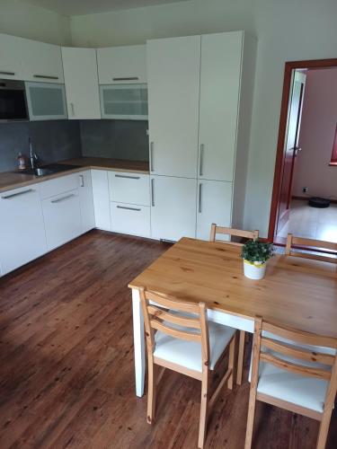 a kitchen with a wooden table and two chairs at Rodinný dům Polanka in Třebíč