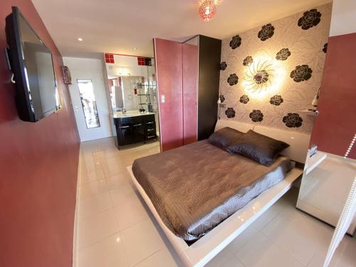 une chambre avec un grand lit dans une pièce dans l'établissement Studio 2 couchages CAP D'AGDE NATURISME CN060-AB146, au Cap d'Agde