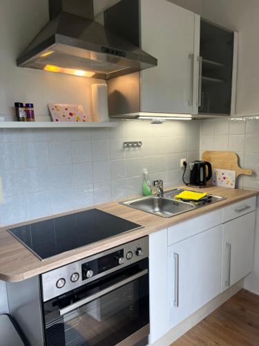 a kitchen with a sink and a stove at Ferienwohnung Einzimmerappartement in Freilassing