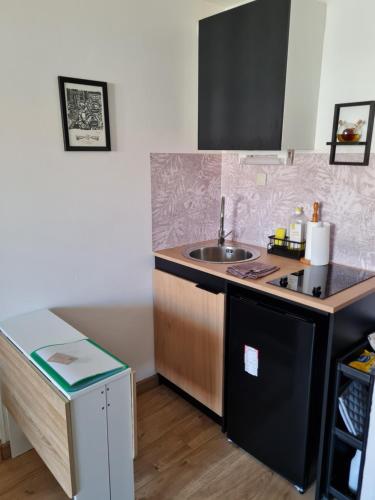 une petite cuisine avec un évier et un comptoir dans l'établissement Appartement T2 proche gare et centre ville, à Sète