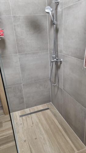 a shower with a glass door in a bathroom at Apartment Anastazija in Nin