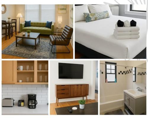 a collage of pictures of a bedroom and a living room at 1BR Fully Equipped & Central - Belmont rep in Chicago