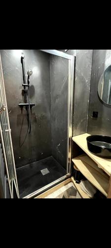 a shower stall in a bathroom with a sink at Appartement avec vue montagne in Briançon