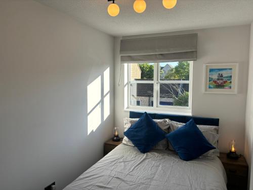 a bedroom with a bed with blue pillows and a window at Redwing Retreat - Luxury 2 Bed - Quiet Home with Garden - Walk to Bicester Village - Driveway Parking - Sleeps up to 6 in Bicester