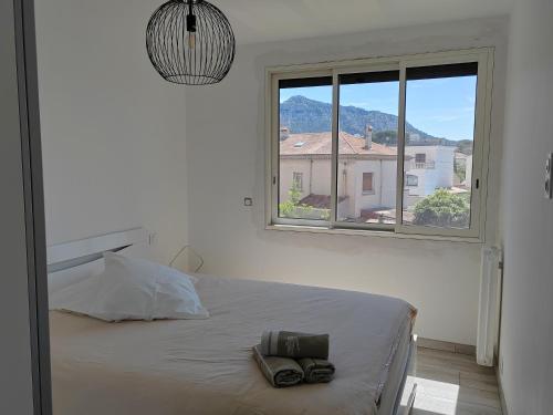 une chambre avec un lit et une grande fenêtre dans l'établissement Pointe Rouge near beach & marina, à Marseille