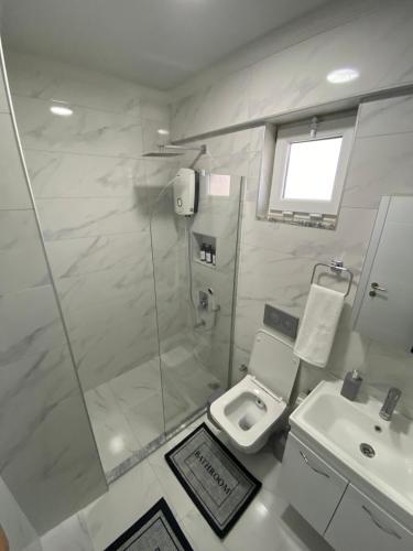 ダラマンにあるComfortable, stylish, centrally located apartmentのシャワー、トイレ、洗面台を備えたバスルーム