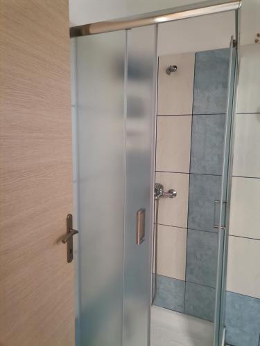a shower stall with a glass door in a bathroom at Villa Sophie in Orfánion