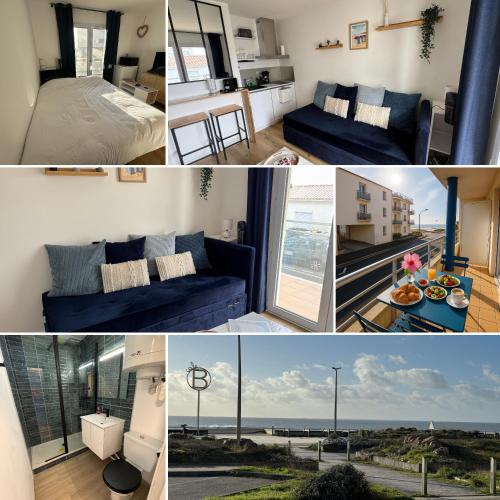 un collage de photos d'une chambre et d'un salon dans l'établissement Plage Bleue, terrasse vue mer, wifi Netflix, à Saint-Hilaire-de-Riez