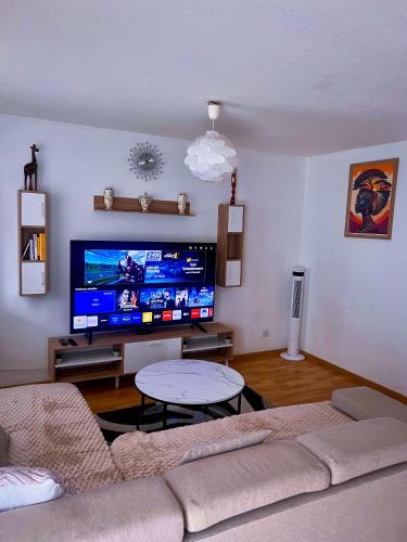 un salon avec un canapé et une grande télévision à écran plat dans l'établissement Havre de paix 2-3 pièces, à Strasbourg