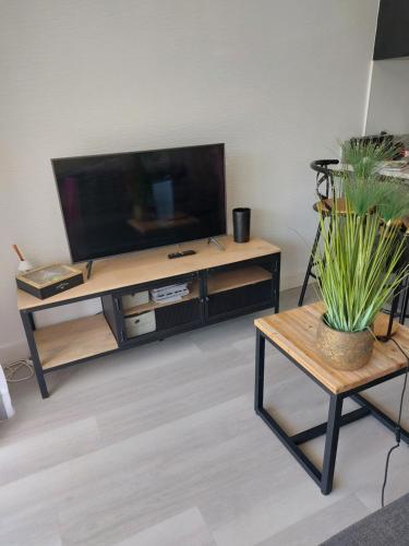 un salon avec une télévision à écran plat sur une table dans l'établissement Studio contemporain vue côté mer, à La Baule