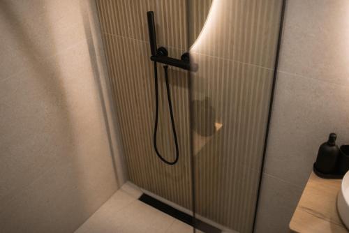 a shower in a bathroom with a glass door at Pinelle Blidinje A-Frame House in Risovac