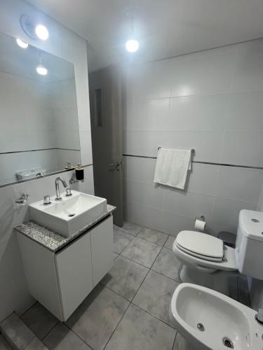a bathroom with a sink and a toilet and a mirror at Departamento Ambar PERICO in Perico