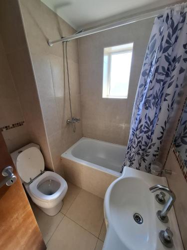 a bathroom with a toilet and a tub and a sink at Depto moderno en pleno centro in Rosario
