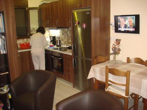 a woman standing in a kitchen with a refrigerator at Villa Angela in Sikia