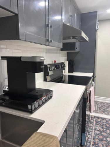 a kitchen with stainless steel cabinets and a counter top at Private 2bedroom Unit, Free Parking, Free from Smoke & Pet, Self-Check IN in Pickering