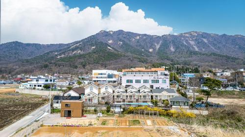 Cảnh núi rừng hoặc tầm nhìn ra núi từ nhà khách