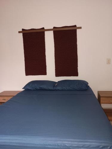 a bedroom with a blue bed and two windows at Hostal Naty luna - sede alterna in Jardin