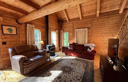 a living room with two couches in a log cabin at UP Badger Den in Wetmore