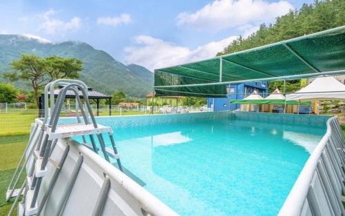 a large swimming pool with a ladder next to it at Muju Inca Dog Pension in Muju