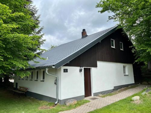 ein weißes und schwarzes Haus mit schwarzem Dach in der Unterkunft Spirkenhütte Fichtelberg - Ferienhaus bis 6 Personen - mit Sauna - am Fichtelsee in Fichtelberg