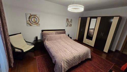 a bedroom with a bed and a chair in it at AVS Concept Cosmopolis in Ştefăneştii de Sus