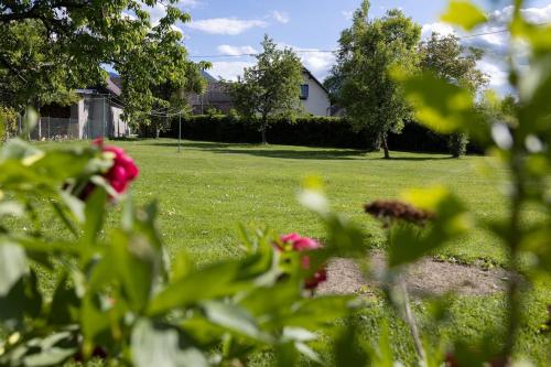 a yard with a house and flowers in the foreground at Landhaus Fliederweg in Völkermarkt