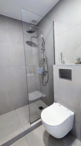 a bathroom with a toilet and a glass shower at 9 keys in Skala Rachoniou