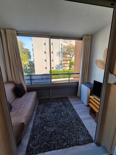 un salon avec un canapé et une grande fenêtre dans l'établissement Joli T2 place parking 4 pers, à Cavalaire-sur-Mer