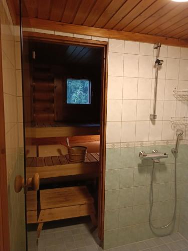 a bathroom with a shower and a tv in a bathroom at Kolilla oy, Purnutar B in Kolinkylä