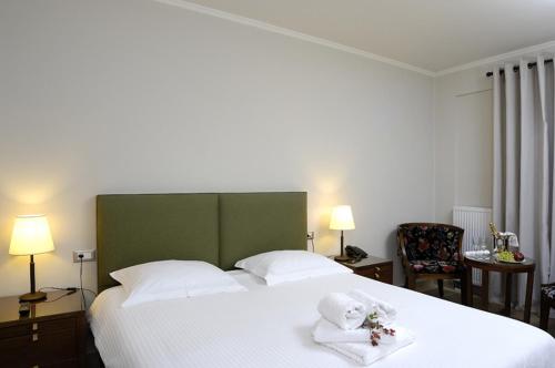 a bedroom with a large white bed with stuffed animals on it at Styga Mountain Resort in Zarouchla