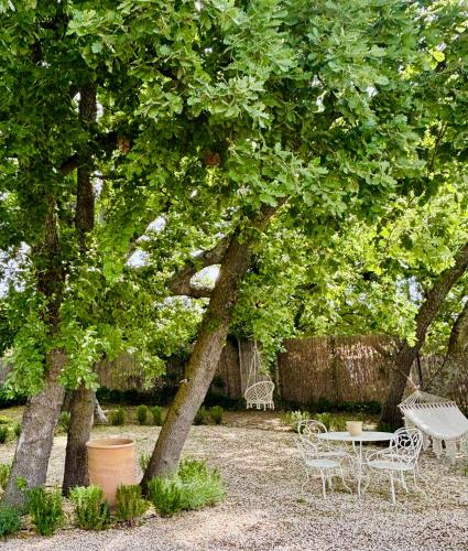 a table and chairs under a group of trees at La Villa Bohème in Oppède