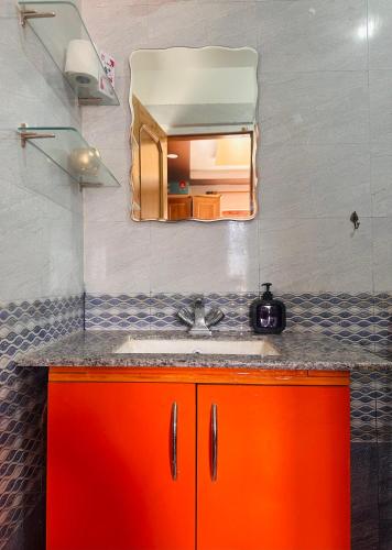 a bathroom with an orange sink and a mirror at Shrenbute Cottage in Tāndi